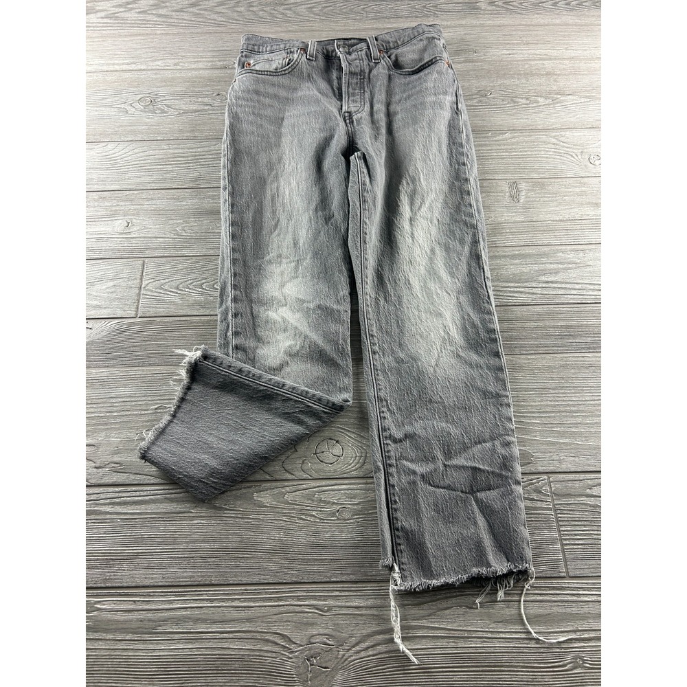Levis 501 Jeans Gray Black Denim Button Fly Straight Leg Distressed Sz 28X30